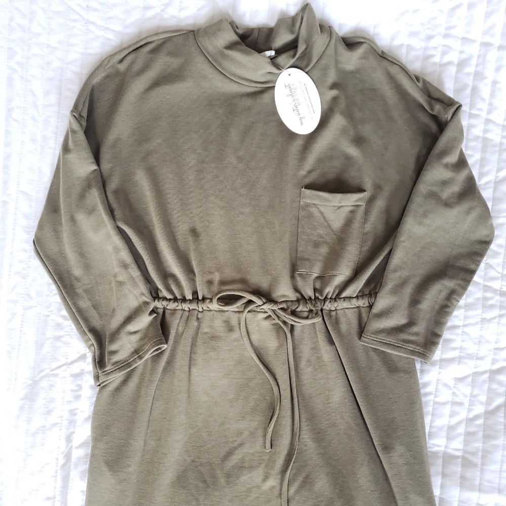Olive green tie wait mock turtle neck dress